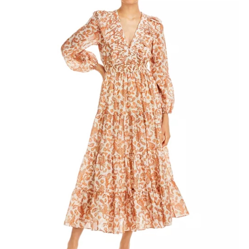 AQUA BLOOMINGDALE’S Paisley Print Tiered Tan Maxi Dress Long Sleeve Ruffled ‎ XS